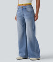 Halara Flex™ Low Rise Zipper Pockets Washed Baggy Wide Leg Casual Jeans - Malibu Blue Denim