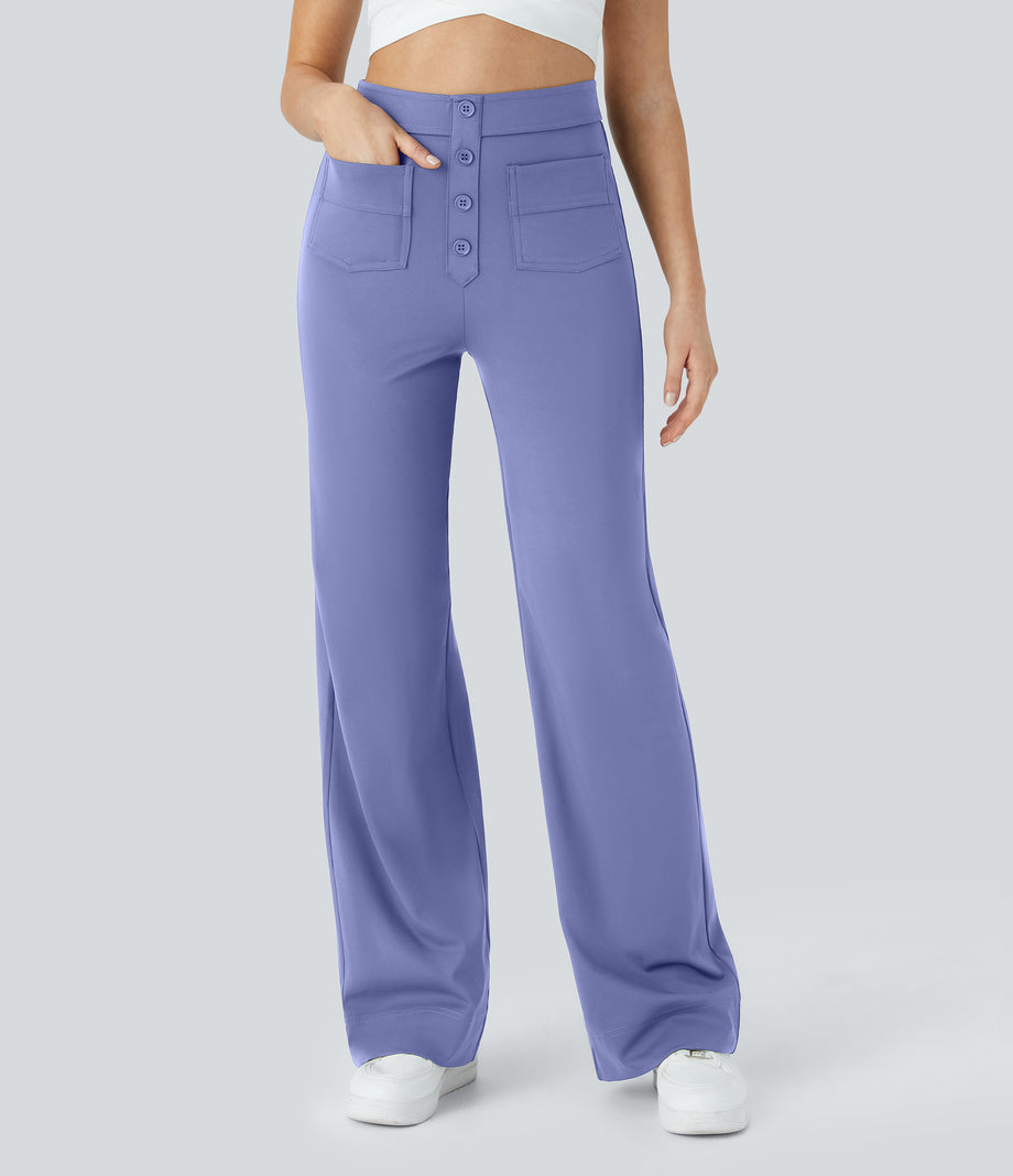 DayStretch High Waisted Pockets Straight Leg Casual Pants - Jacaranda