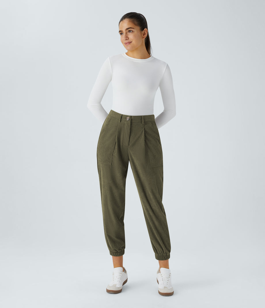 Mid Rise Zipper Pockets Corduroy Casual Joggers - Hazel Mist Green