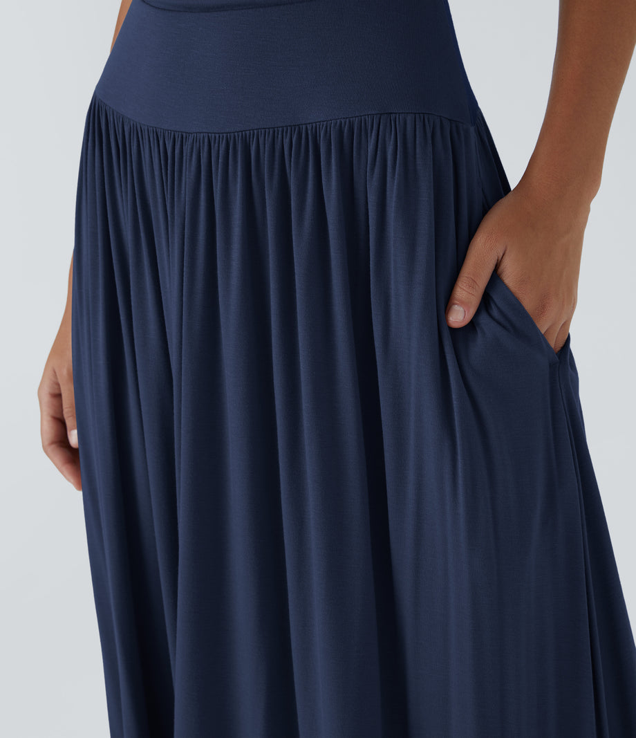 Ribbed Boat Neck Asymmetric Strap Ruched Pocket Flowy Maxi Casual Dress - Nightfall Blue