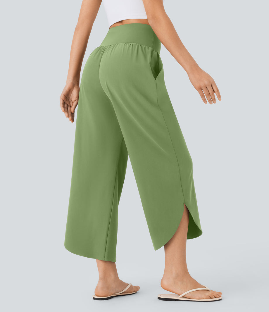 Breezeful™ High Waisted Tummy Control Split Hem Quick Dry Resort Pants with Pockets - Hot Wasabi - Green