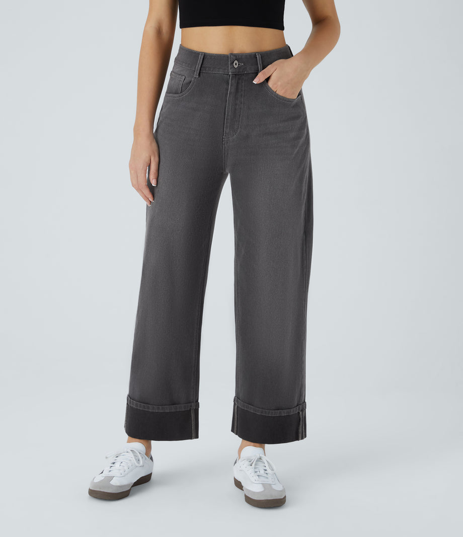 Halara Flex™ High Waisted Pockets Rolled Hem Wide Leg Washed Casual Jeans - Bright gray denim