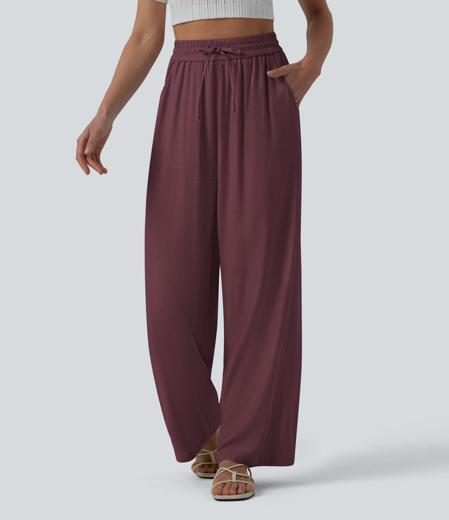 High Waisted Drawstring Wide Leg Casual Linen-Blend Pants with Pockets - Hortensia