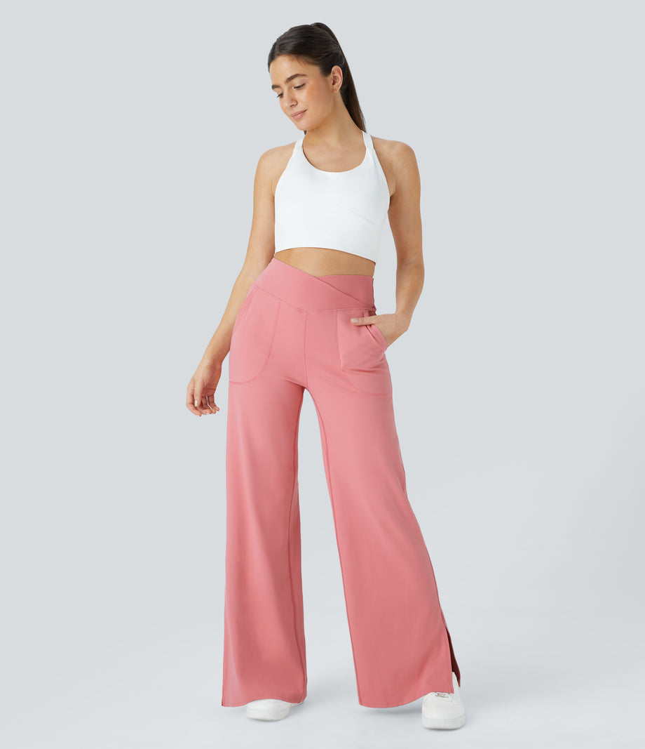 DayStretch Crossover Pocket Hem Wide Leg Yoga Pants-Smile - Candy Pink