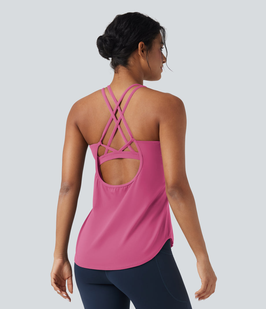 Halara UltraSculpt™ Round Neck Crisscross Back Running Tank Tops DD-F Cups - Pink Power