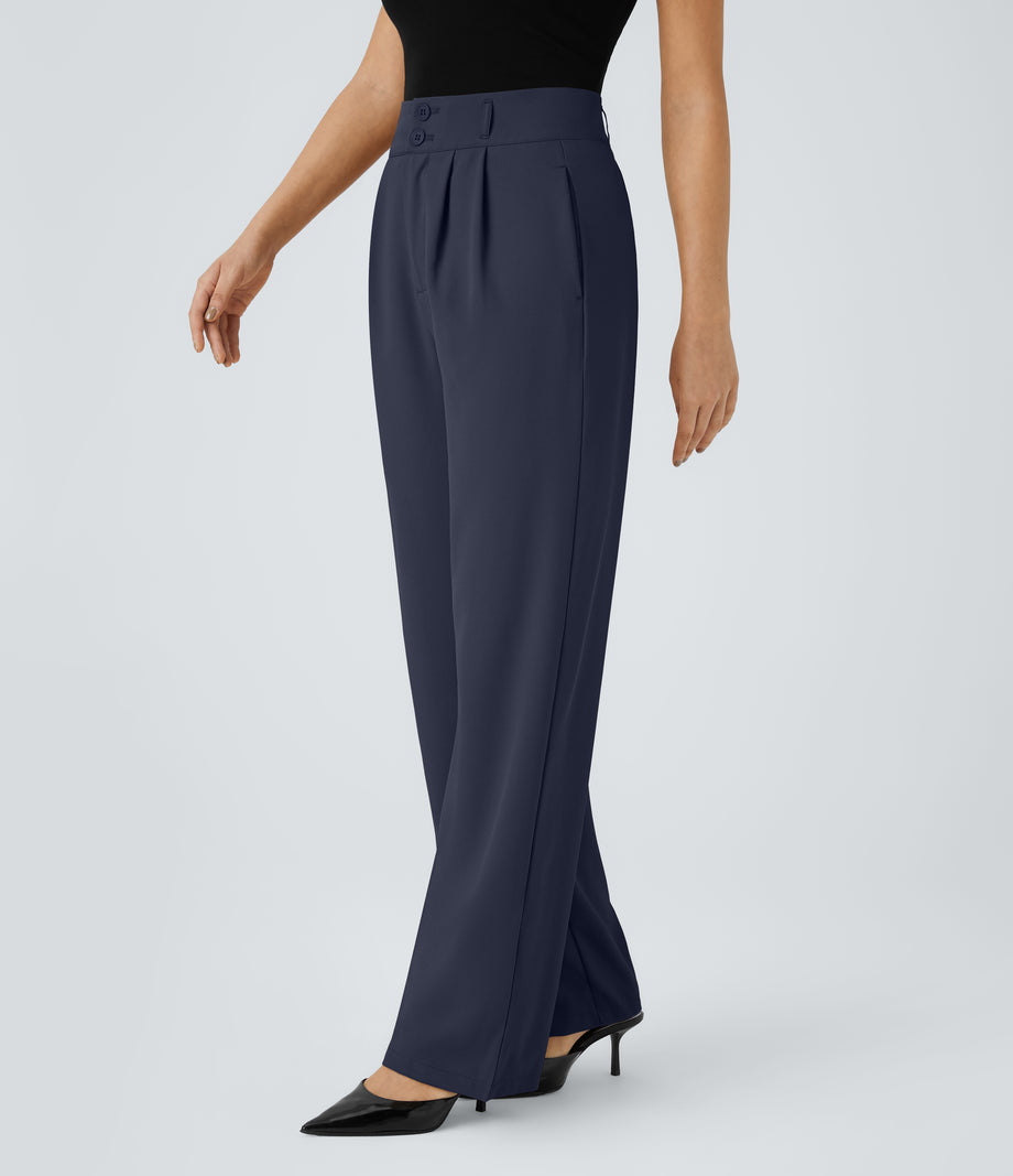 Halara Flex™ High Waisted Zipper Pocket Shirred Straight Leg Work Pants - Black Iris