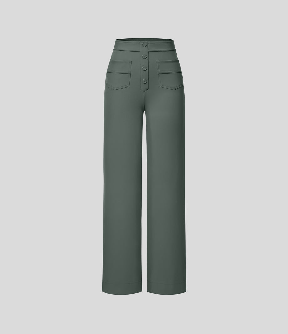 DayStretch High Waisted Pockets Straight Leg Casual Pants - Deep Aquamarine
