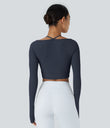 Ribbed Halter Strap Thumb Hole Cropped Yoga Sports Top - Navy Blazer