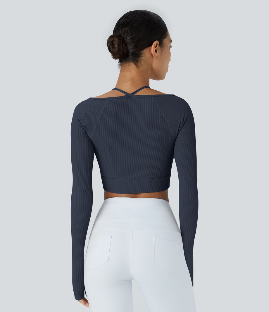 Ribbed Halter Strap Thumb Hole Cropped Yoga Sports Top - Navy Blazer