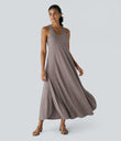 U Neck Flowy Maxi Casual Tank Dress - Deep Tea Brown Floral Yarn