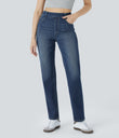 Halara Flex™ High Waisted Pockets Straight Leg Washed Casual Jeans - Distressed Denim Dark Blue