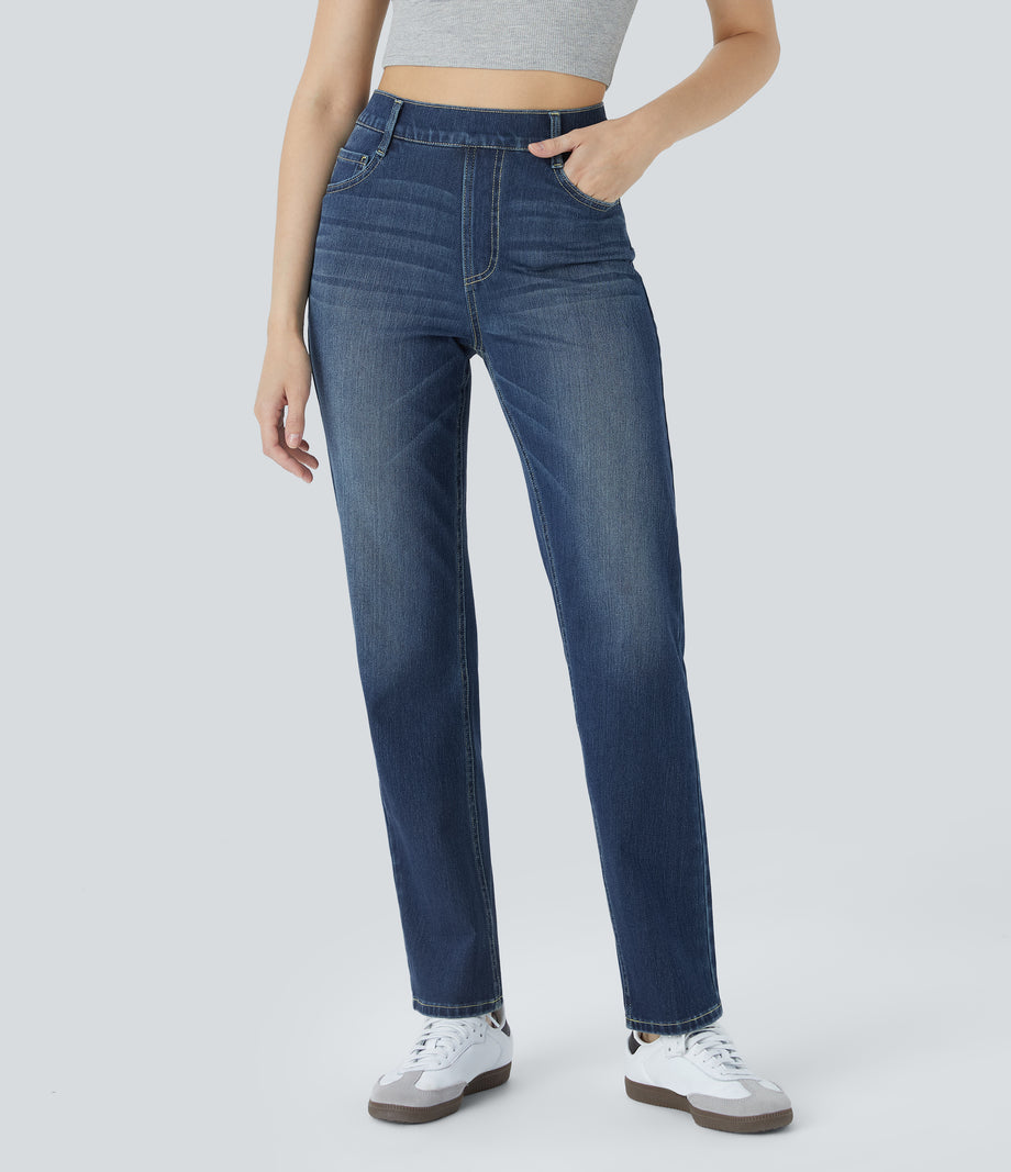 Halara Flex™ High Waisted Pockets Straight Leg Washed Casual Jeans - Distressed Denim Dark Blue