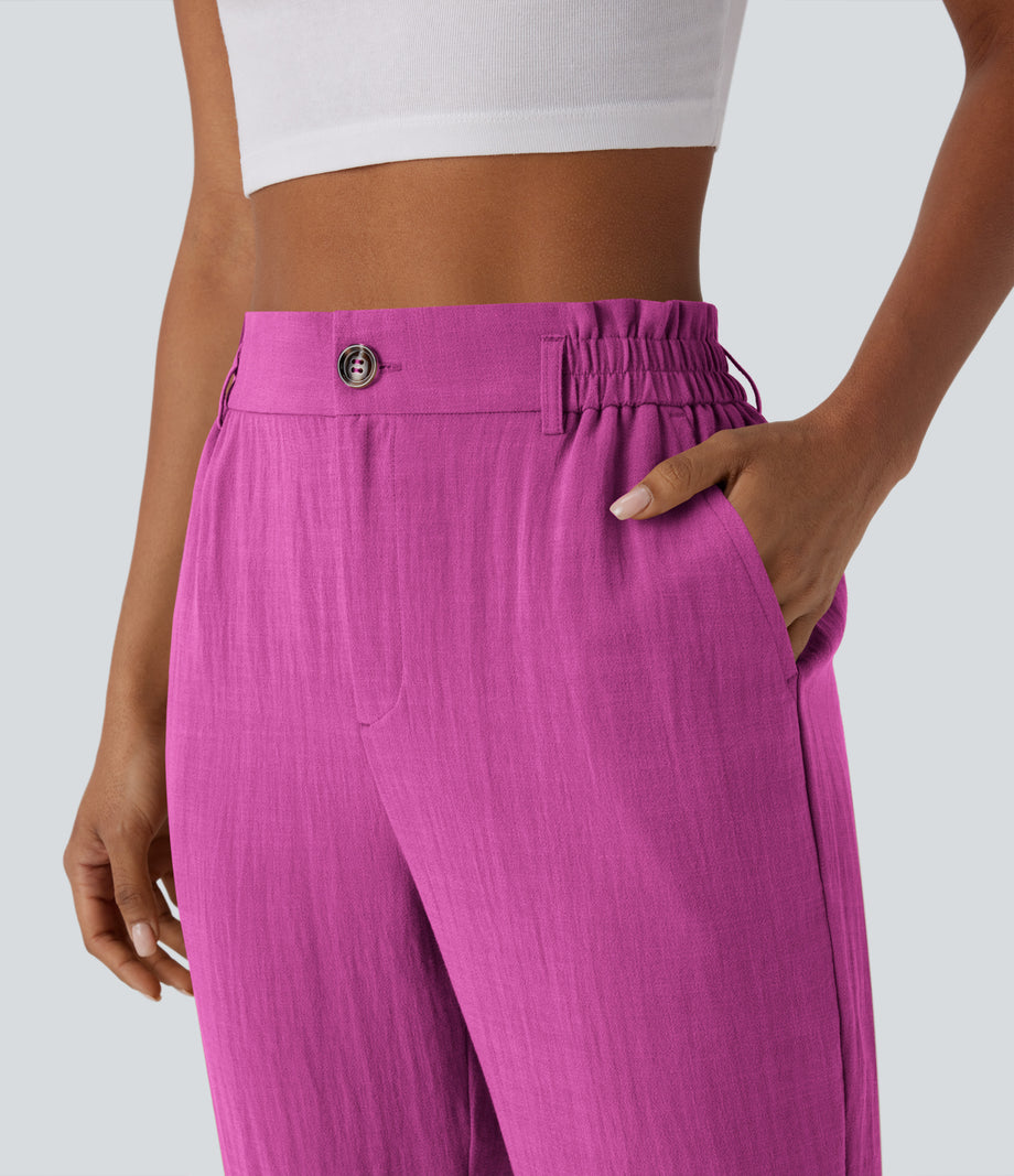 High Waisted Zipper Pocket Cropped Linen-Feel Pants - Rose Violet