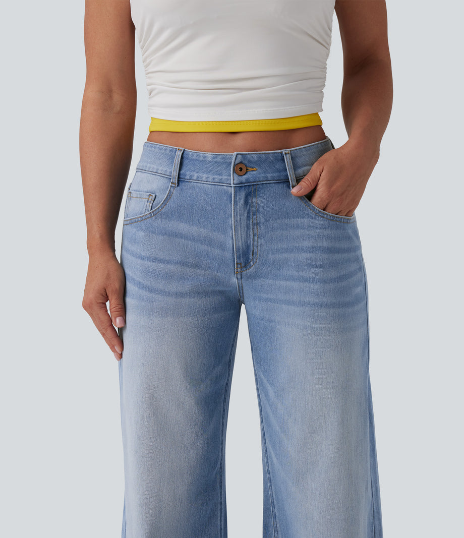 Halara Flex™ Low Rise Zipper Pockets Washed Baggy Wide Leg Casual Jeans - Malibu Blue Denim