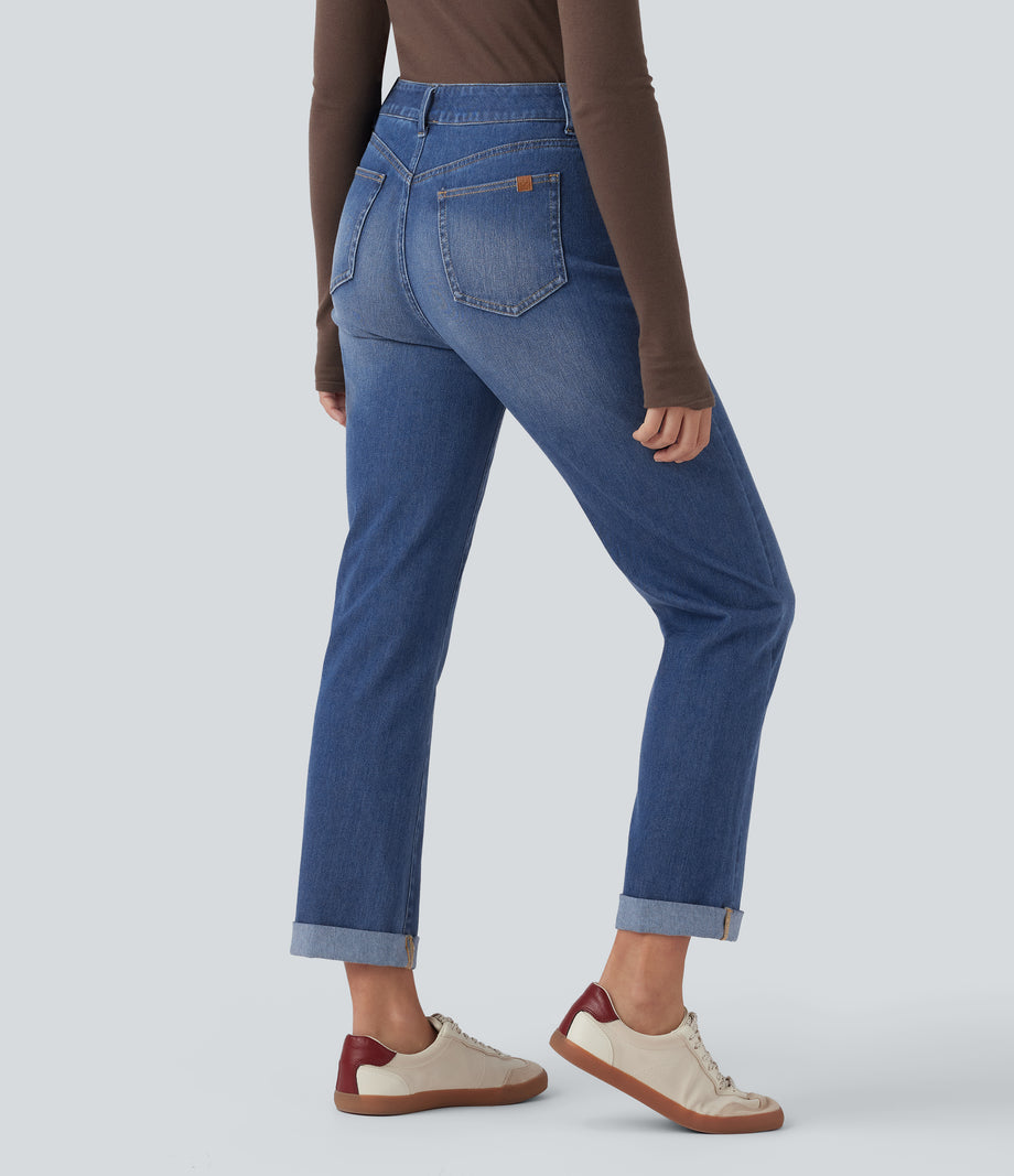 Halara Flex™ High Waisted Rolled Hem Casual Slim Jeans with Pockets - Tide Blue Denim