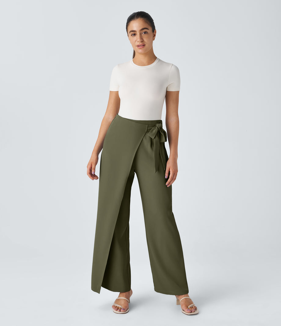 Halara Flex™ High Waisted Tie Side Wide Leg Work Pants - Burnt Olive