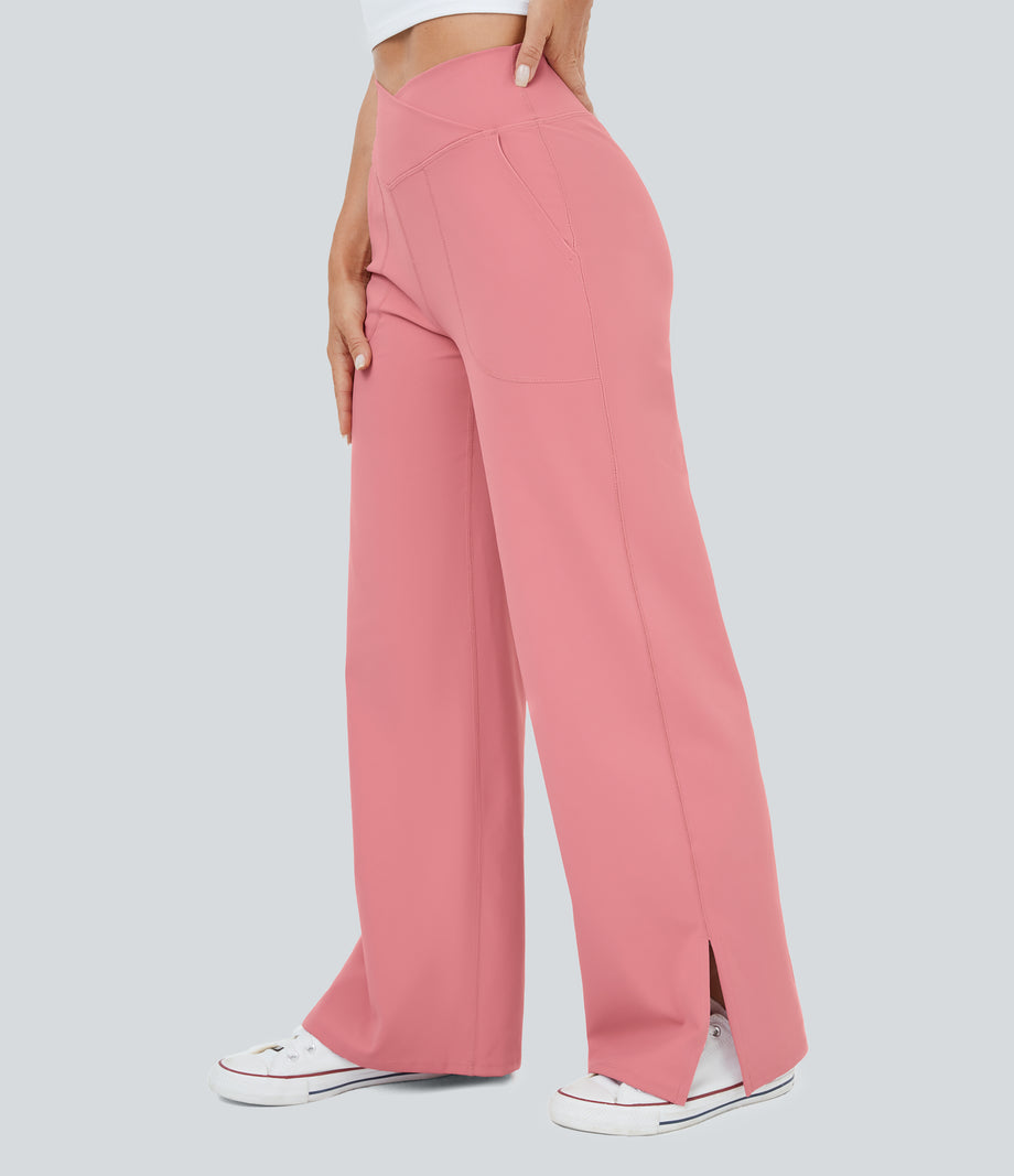 DayStretch Crossover Pocket Hem Wide Leg Yoga Pants-Smile - Candy Pink