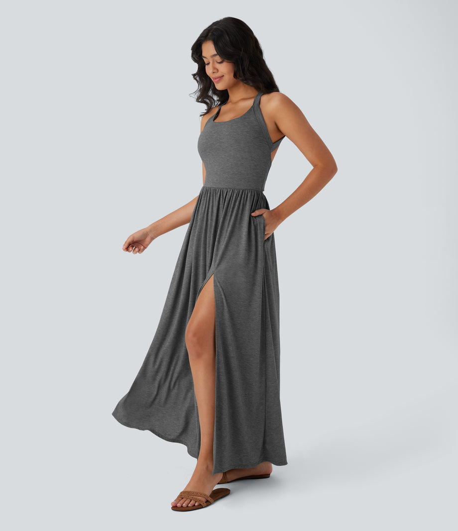 Twisted Backless Split Flowy Maxi Resort Dress with Pockets - Darl Gray Floral Yarn