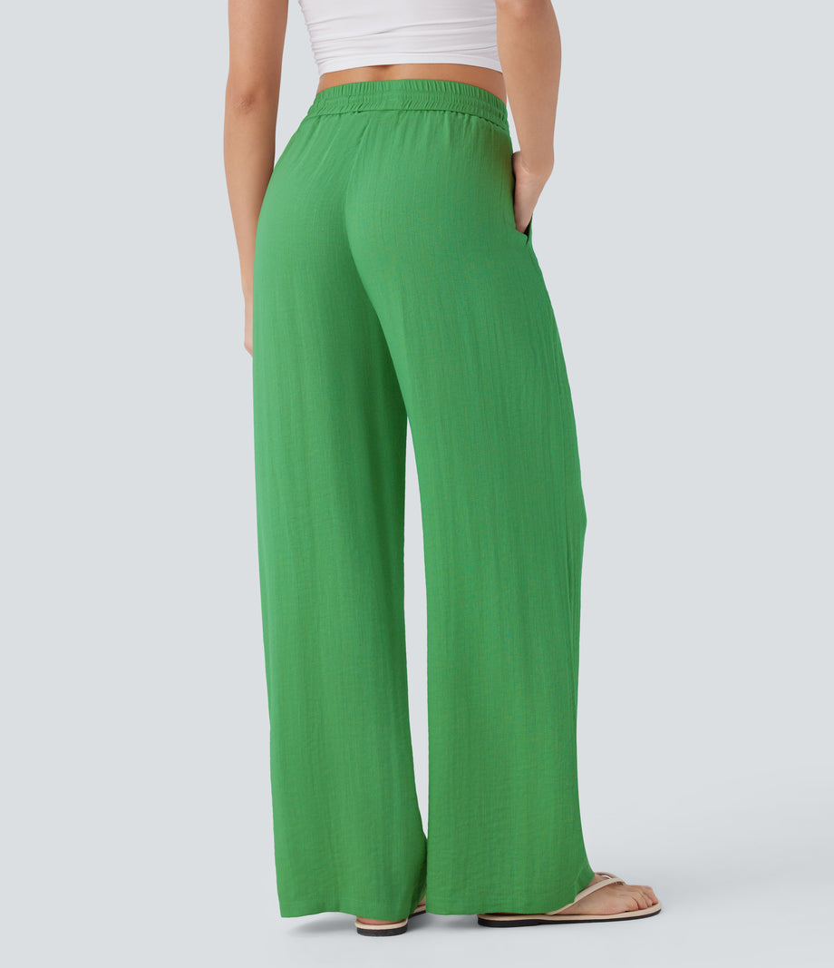 High Waisted Drawstring Pocket Wide Leg Baggy Casual Linen-Feel Pants - Kelly Green