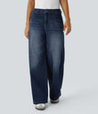 Halara Flex™ Low Rise Zipper Pockets Washed Baggy Wide Leg Casual Jeans - Distressed Denim Dark Blue