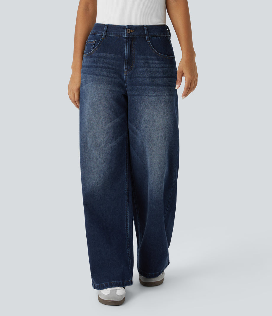 Halara Flex™ Low Rise Zipper Pockets Washed Baggy Wide Leg Casual Jeans - Distressed Denim Dark Blue