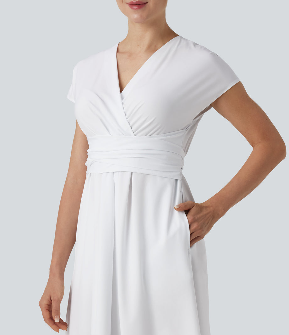 Breezeful™ V Neck Short Sleeve Pocket Tie Back Quick Dry Midi Casual Dress - White