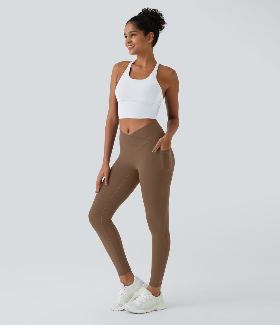 SoftlyZero™ Crossover Pocket Plain Leggings-UPF50+ - Muted Brown