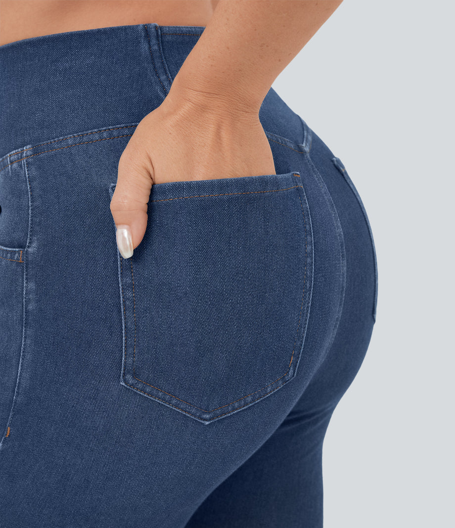 Halara Flex™ High Waisted Crossover Pocket Cool Touch Washed Casual Jeans - Light Cyan Denim