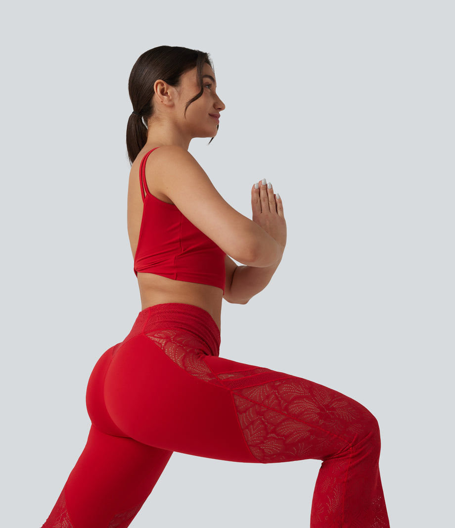 SoftlyZero™ High Waisted Crossover Pocket Contrast Lace Flare Yoga Leggings - Salsa