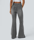 Halara Flex™ High Waisted Crossover Pocket Washed Casual Flare Jeans - Black Iron Gray Denim
