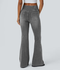 Halara Flex™ High Waisted Crossover Pocket Washed Casual Flare Jeans - Black Iron Gray Denim
