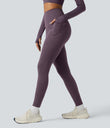 Halara Ultrasculpt™ Heat High Waisted Tummy Control Crossover Back Fleece Running Leggings with Pockets - Night's Purple