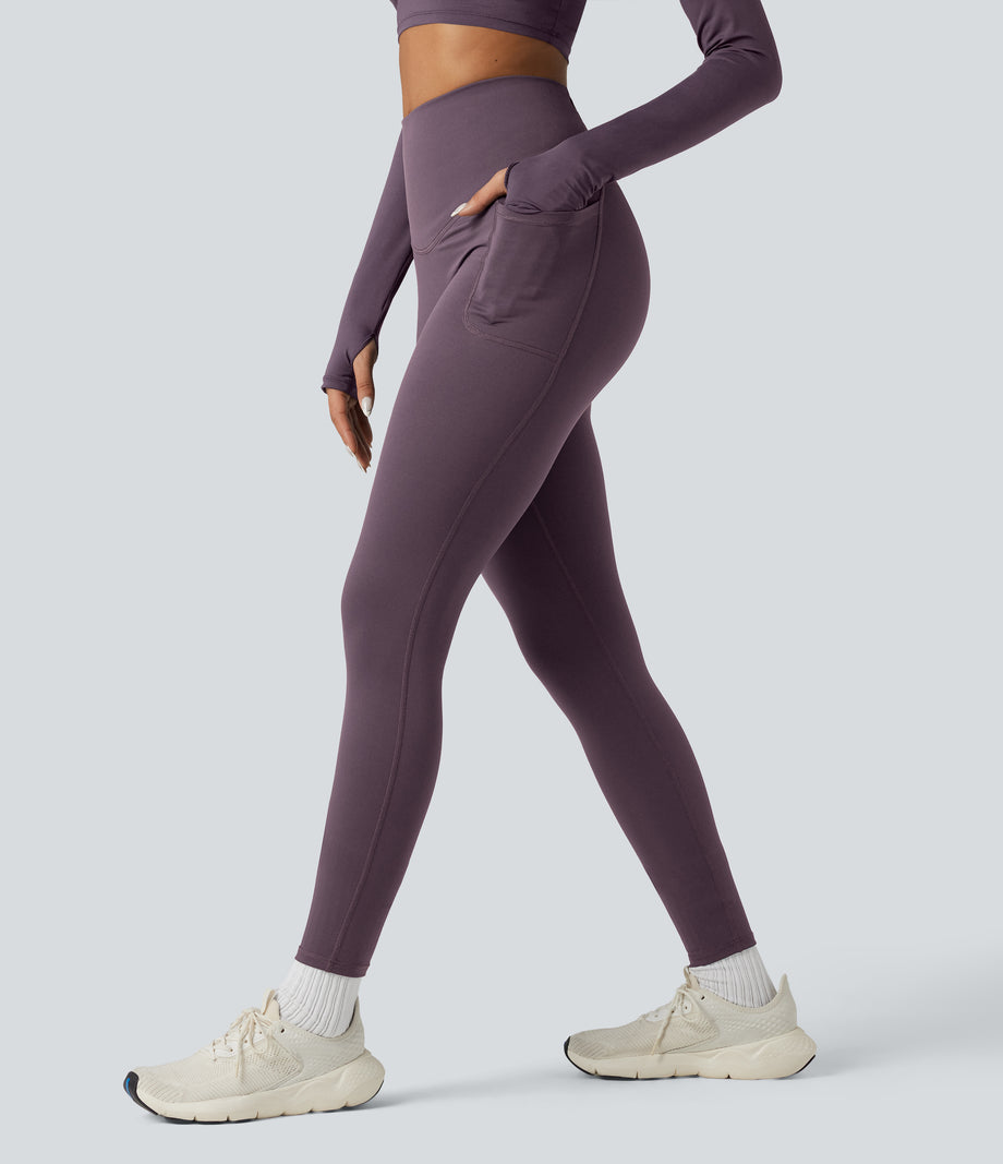 Halara Ultrasculpt™ Heat High Waisted Tummy Control Crossover Back Fleece Running Leggings with Pockets - Night's Purple