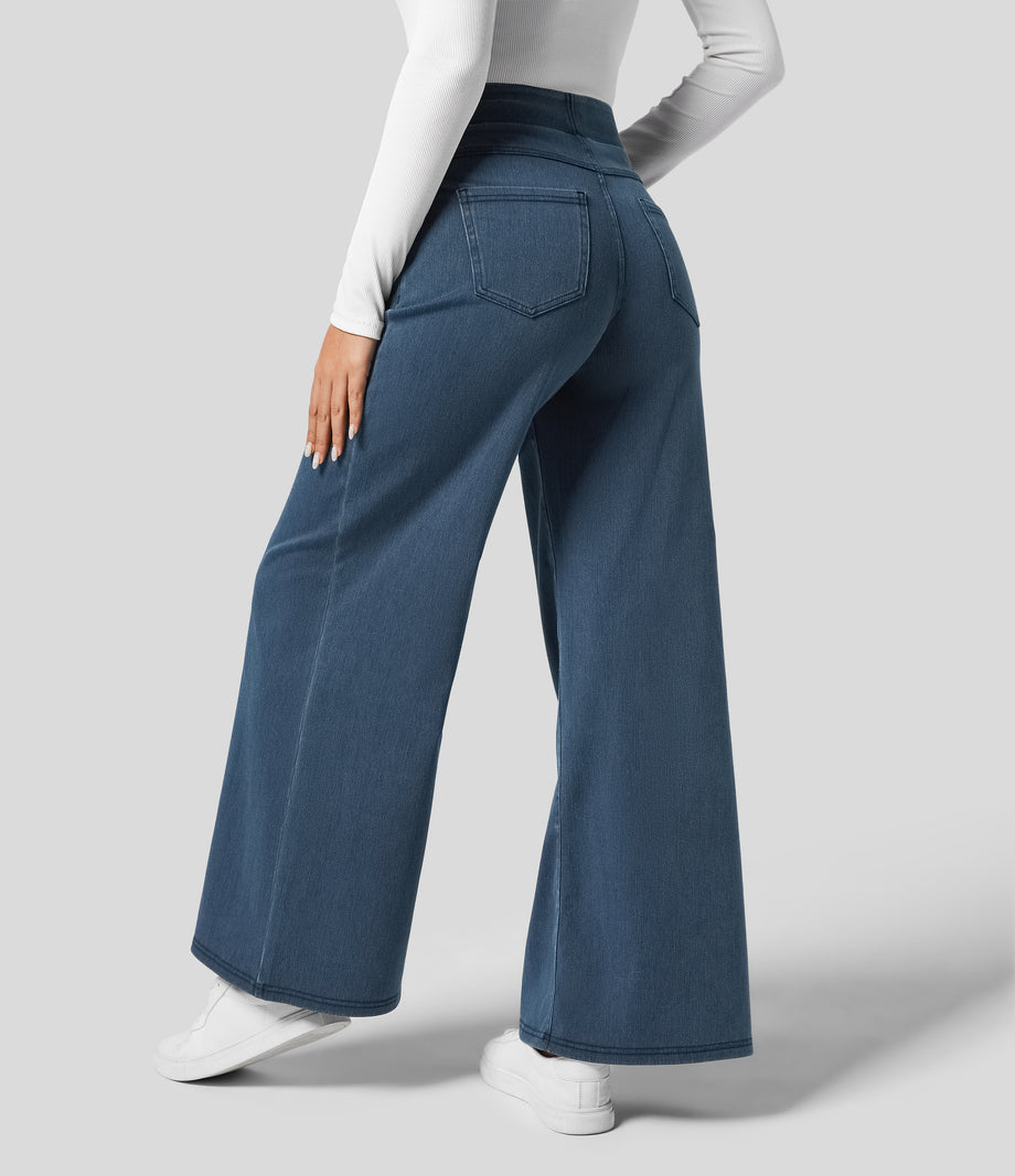 Halara Flex™ High Waisted Pockets Wide Leg Loose Work Jeans - Washed Denim Bleached Blue