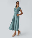 Breezeful™ V Neck Short Sleeve Pocket Tie Back Quick Dry Midi Casual Dress-Longer Length - Stone Blue