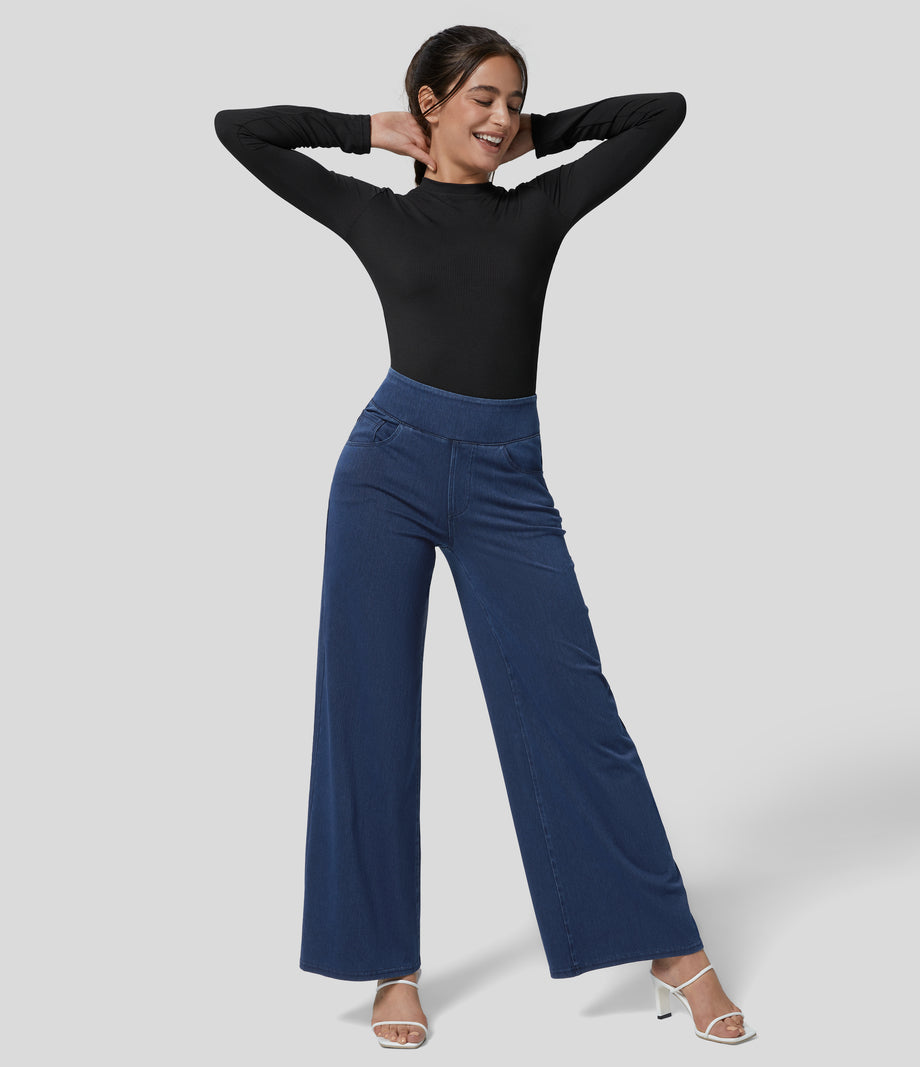 Halara Flex™ High Waisted Pockets Wide Leg Loose Work Jeans - Washed Denim Navy Blue