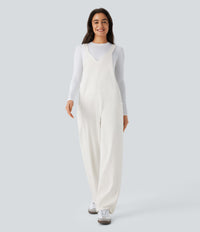 Halara Flex™ V Neck Pocket Washed Denim Casual Overalls - White Wood Denim
