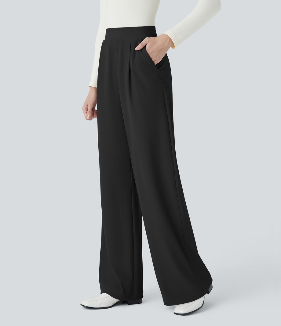 Halara Flex™ High Waisted Body Sculpt Waist-Slimming Pocket Wide Leg Micro Waffle Work Pants - Black