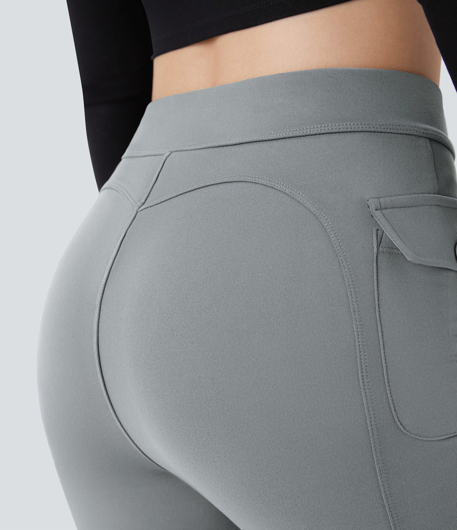 High Waisted Side Flap Pocket Flare Casual Cargo Pants - Brick Gray