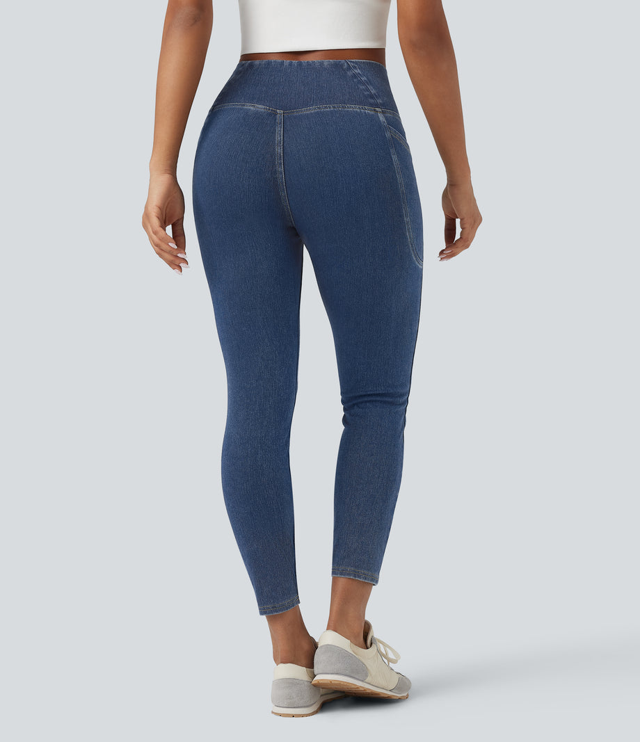 Halara Flex™ Crossover Pocket Washed Denim Work Leggings - Tide Blue Denim
