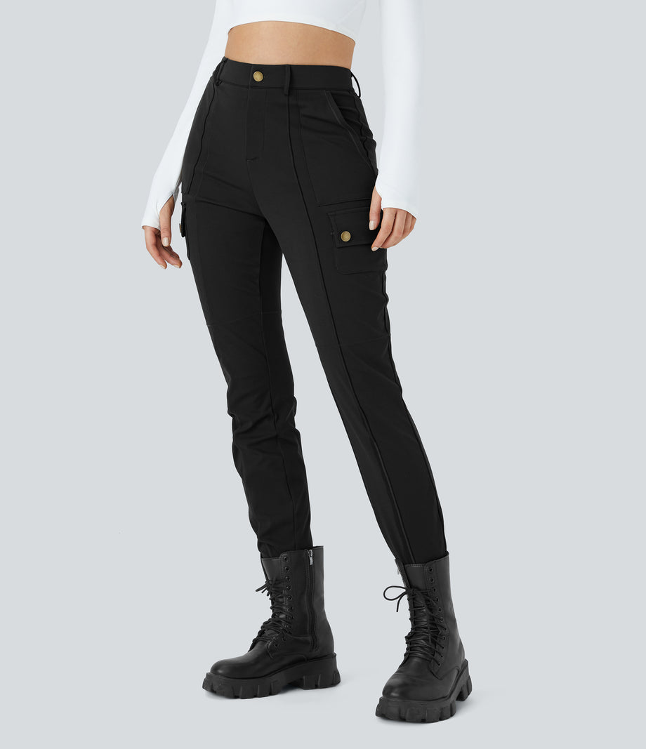 DayStretch High Waisted Zipper Pockets Solid Skinny Cargo Pants - Black