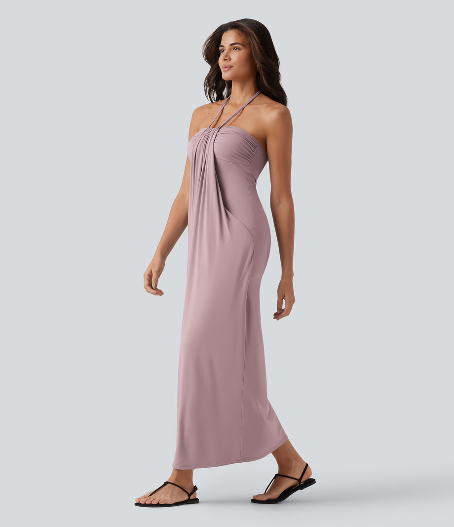 Halter Tie Back Maxi Dress with Pockets - Lilac Pink