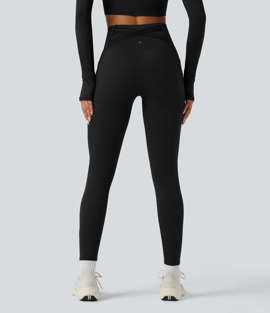 Halara Ultrasculpt™ Heat High Waisted Tummy Control Crossover Back Fleece Running Leggings with Pockets - Black