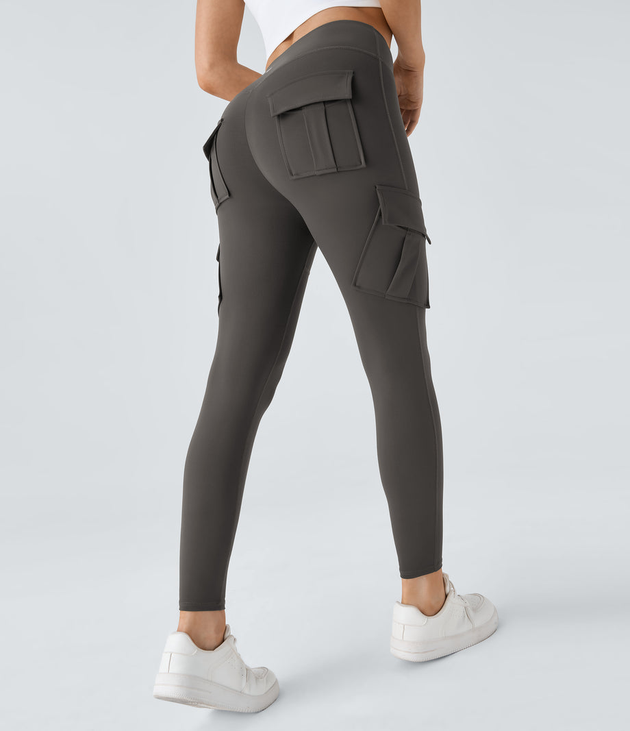 DayStretch High Waisted Cargo Pocket Skinny Yoga Leggings - Deep Red Grey