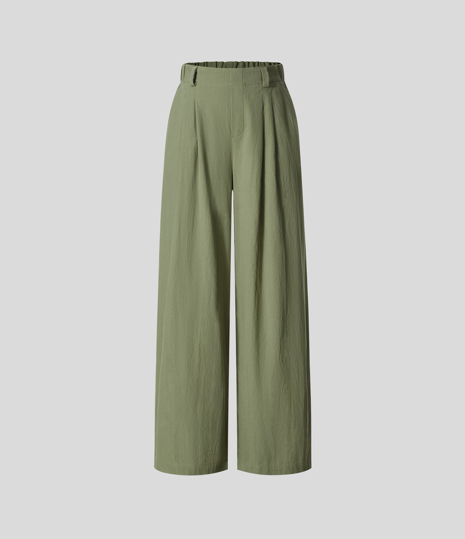 High Waisted Pocket Wide Leg Flowy Solid Palazzo Casual Linen-Feel Pants - Catkin Green