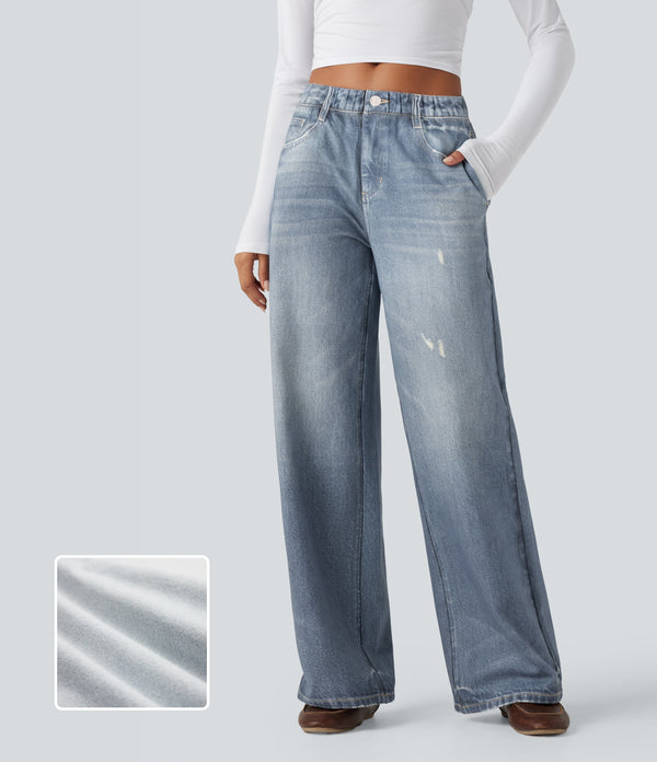 Mid Rise Denim Print French Terry Casual Sweatpants Jeans with Pockets - Light Ocean Denim