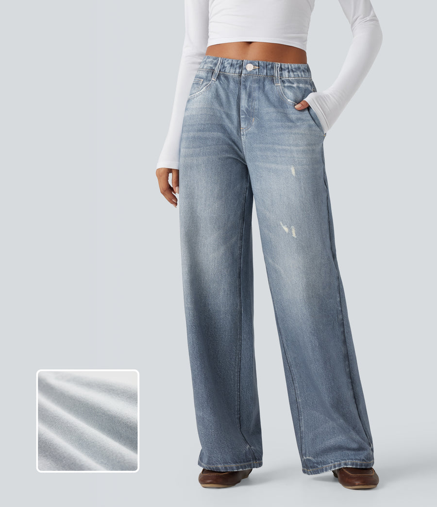 Mid Rise Denim Print French Terry Casual Sweatpants Jeans with Pockets