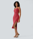 Ruched Lace Up Bodycon Midi Casual Dress - Winterberry