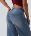 Halara Flex™ Low Rise Zipper Pockets Washed Baggy Wide Leg Casual Jeans - Blue Surf Denim