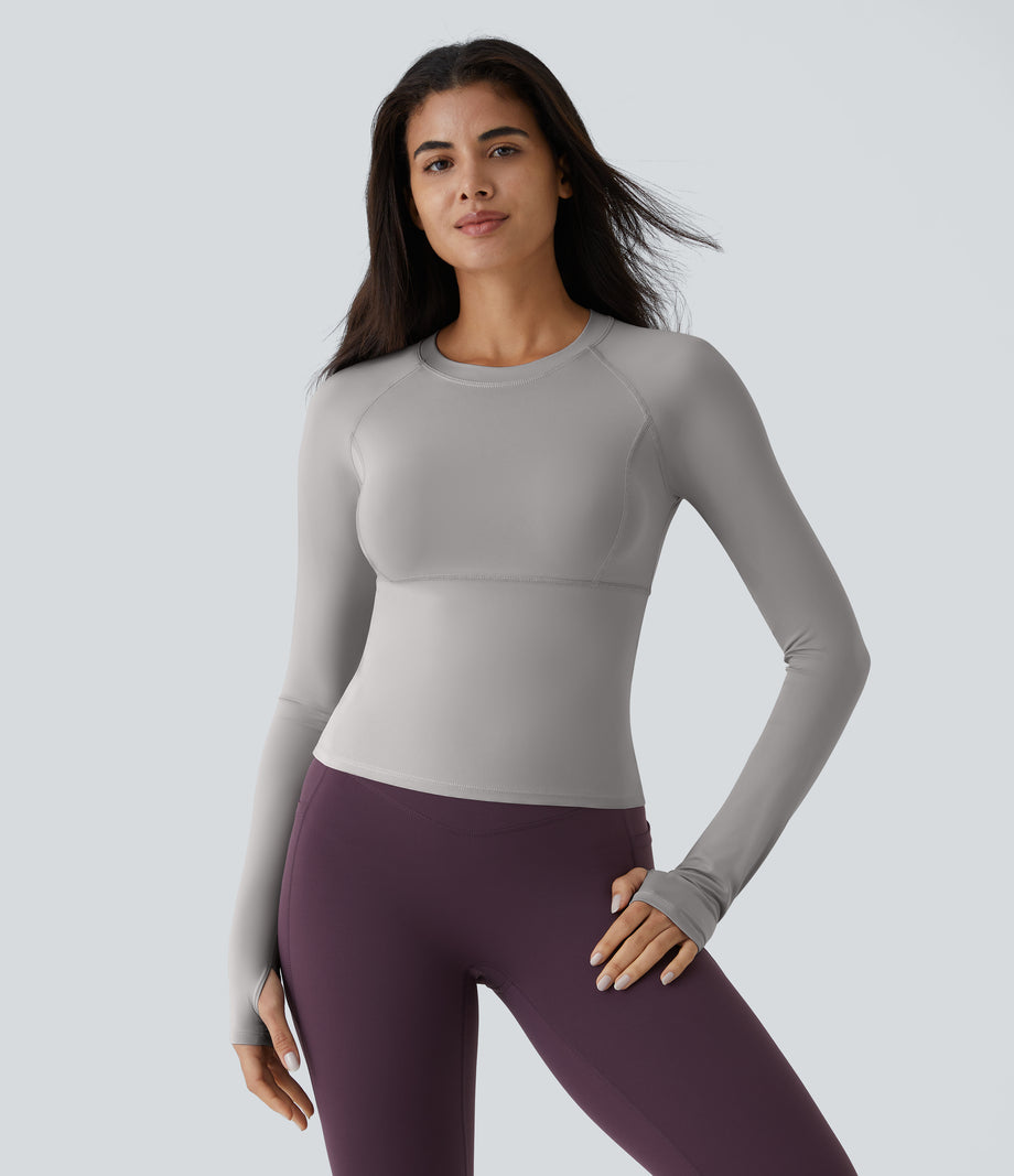 Solid Thumb Hole Yoga Sports Top - Mist Grey